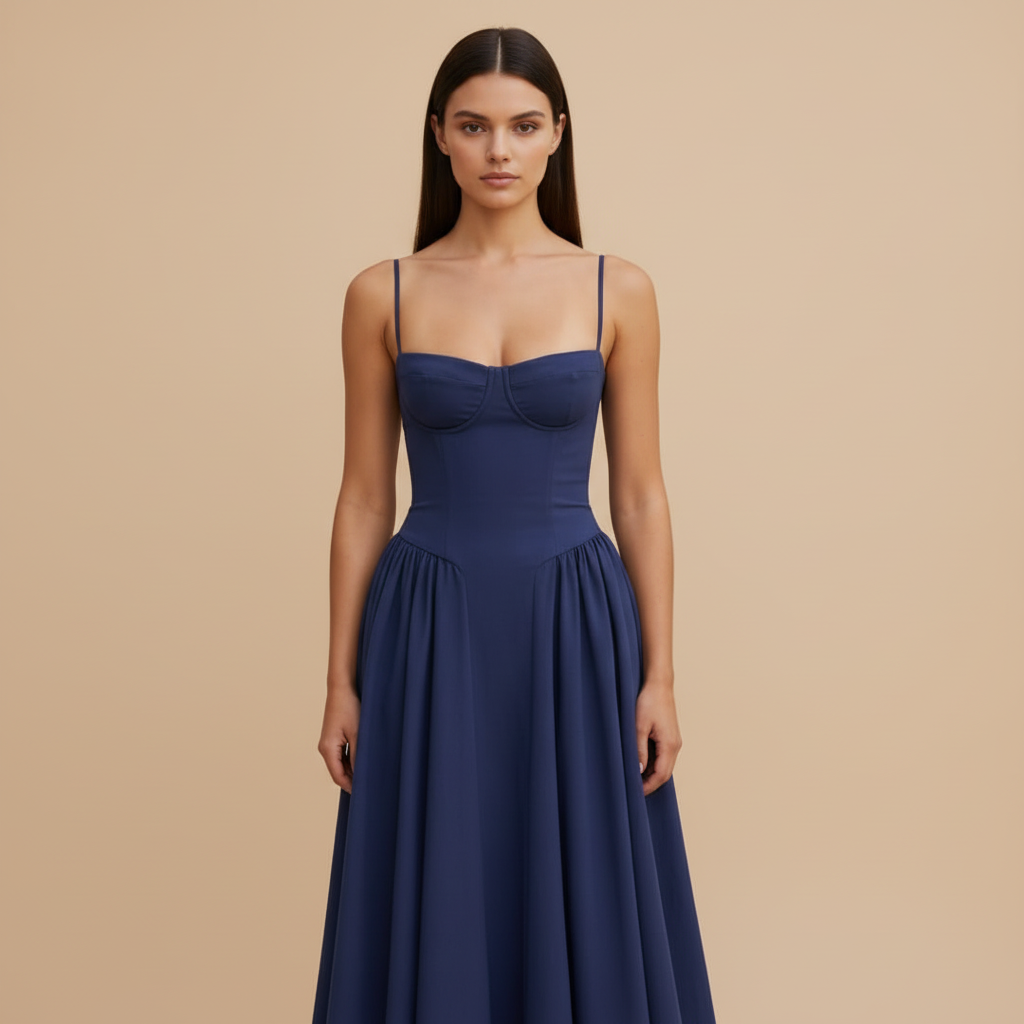 Lucie – Elegantní tmavě modré midi šaty na ramínka