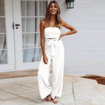 Women's Strapless Tie Waist Wide Leg Jumpsuit