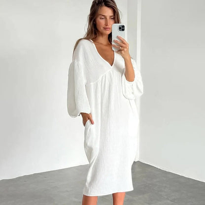 Robe Midi Décontractée pour Femme – Robe Ample à Col en V