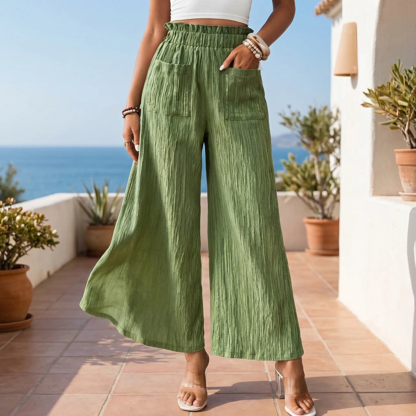 Wide leg bukser dame | Luftige sommerbukser med lommer