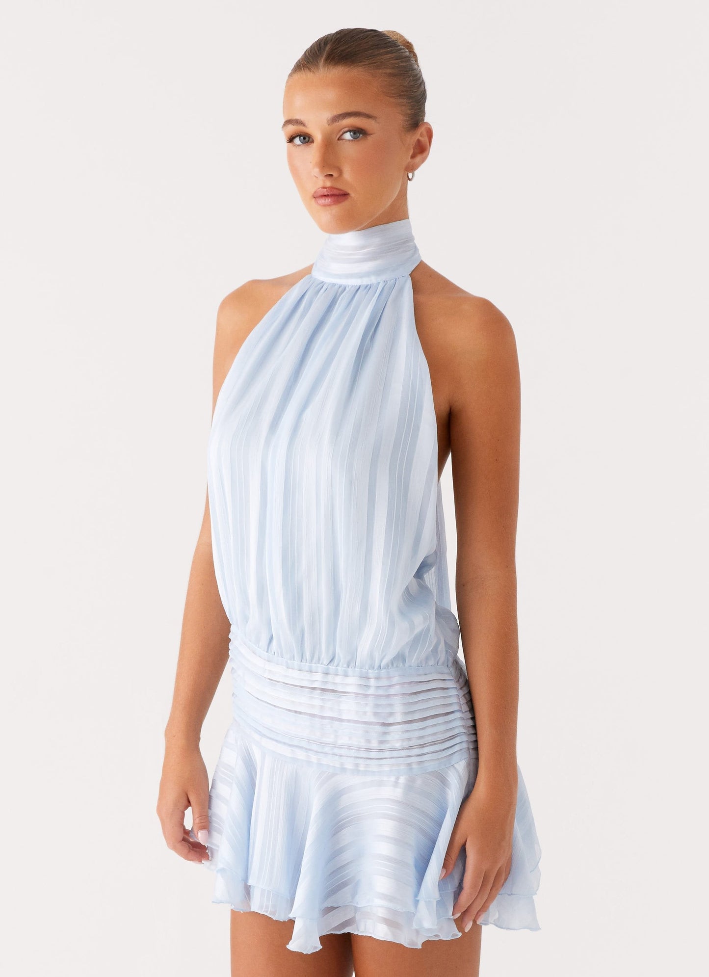 Robe longue mousseline femme col halter dos nu taille asymétrique