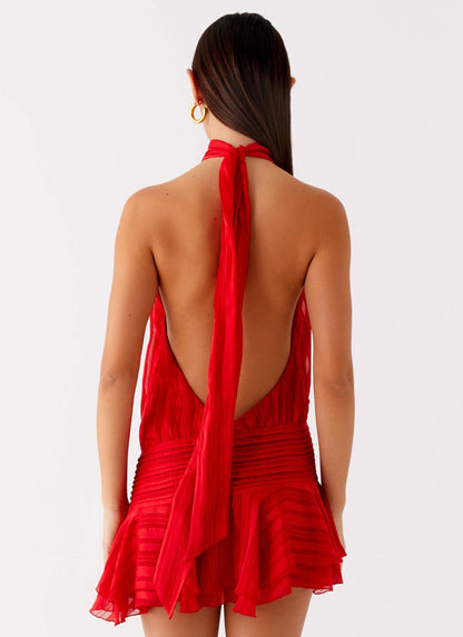Robe longue mousseline femme col halter dos nu taille asymétrique