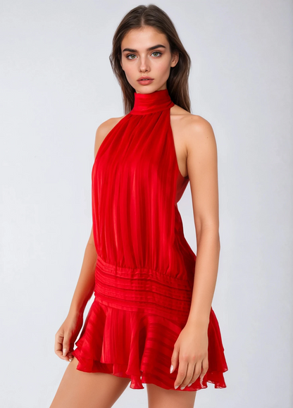 Robe longue mousseline femme col halter dos nu taille asymétrique