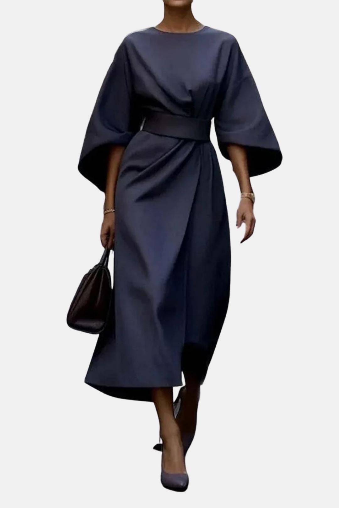 Winona – Elegant Belted Midi Dress with Flowing Silhouette