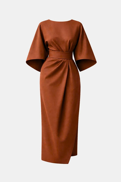 Winona – Elegant Belted Midi Dress with Flowing Silhouette