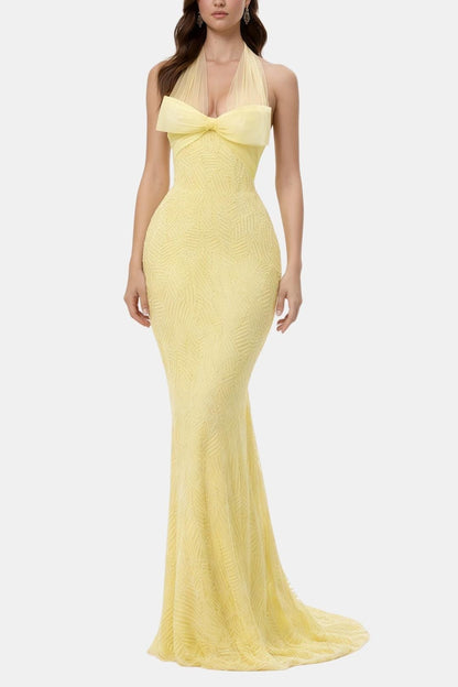 Winter - Halterneck Bow Embellished Long Dress