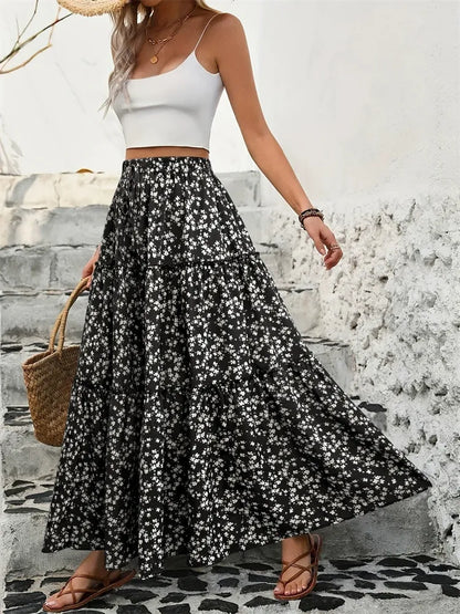 Women's Floral Tiered Maxi Skirt – Boho Lightweight Summer Skirt Flowy Gathered Waist