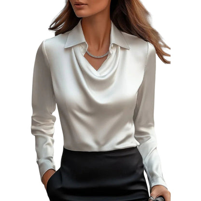Women's Long Sleeve Draped Neck Blouse with Collar