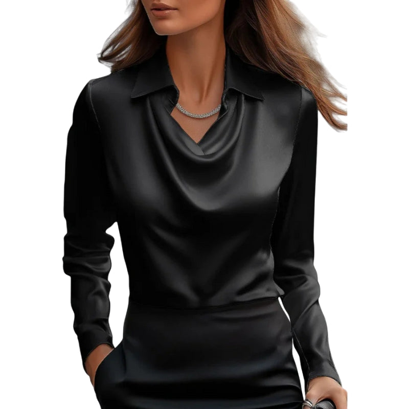 Women's Long Sleeve Draped Neck Blouse with Collar