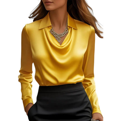 Women's Long Sleeve Draped Neck Blouse with Collar
