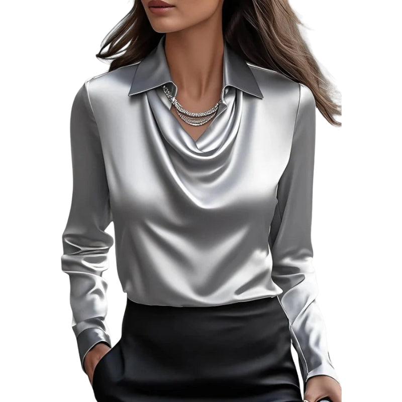 Women's Long Sleeve Draped Neck Blouse with Collar