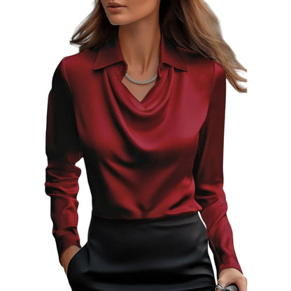Women's Long Sleeve Draped Neck Blouse with Collar