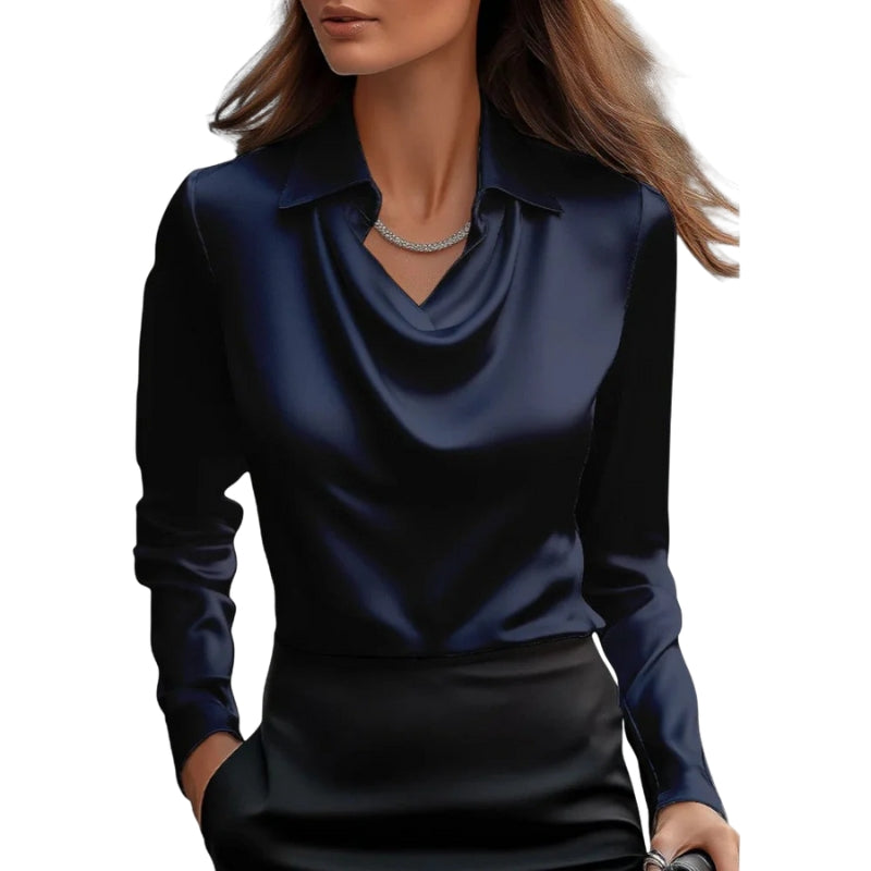 Women's Long Sleeve Draped Neck Blouse with Collar