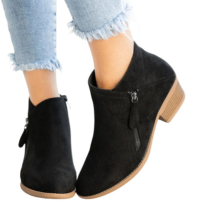 Women’s Suede Ankle Boots with Side Zip and Block Heel