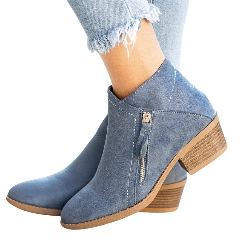 Women’s Suede Ankle Boots with Side Zip and Block Heel