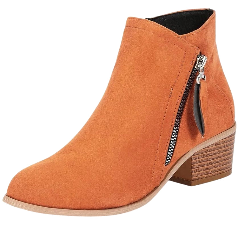 Women’s Suede Ankle Boots with Side Zip and Block Heel