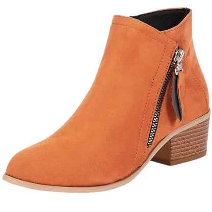 Women’s Suede Ankle Boots with Side Zip and Block Heel