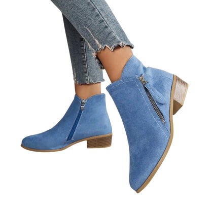Women’s Suede Ankle Boots with Side Zip and Block Heel
