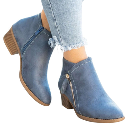Women’s Suede Ankle Boots with Side Zip and Block Heel