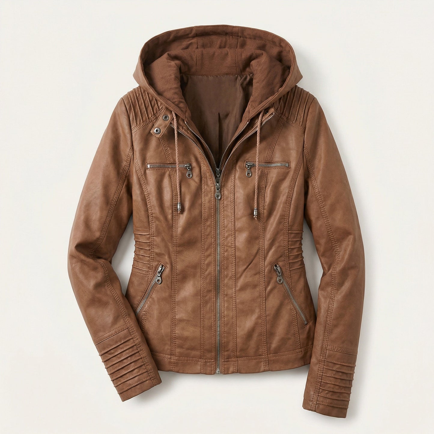 Women’s Biker Jacket – Hooded Design, Zip Front, Multi-Pocket Style