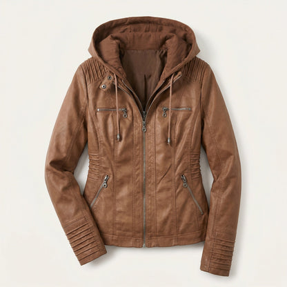 Women’s Biker Jacket – Hooded Design, Zip Front, Multi-Pocket Style