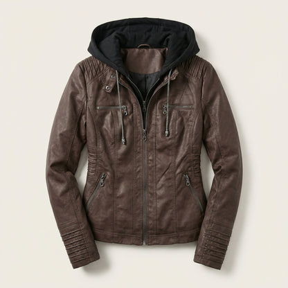 Women’s Biker Jacket – Hooded Design, Zip Front, Multi-Pocket Style