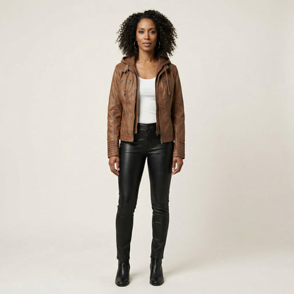 Women’s Biker Jacket – Hooded Design, Zip Front, Multi-Pocket Style