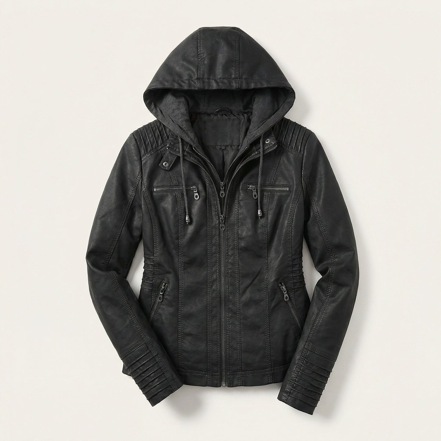 Women’s Biker Jacket – Hooded Design, Zip Front, Multi-Pocket Style