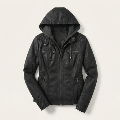 Women’s Biker Jacket – Hooded Design, Zip Front, Multi-Pocket Style