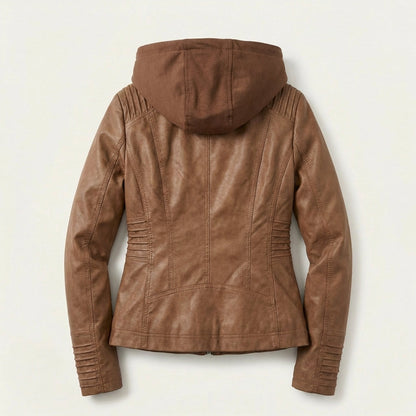 Women’s Biker Jacket – Hooded Design, Zip Front, Multi-Pocket Style