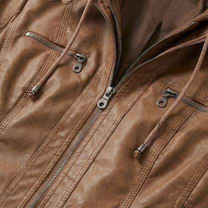 Women’s Biker Jacket – Hooded Design, Zip Front, Multi-Pocket Style