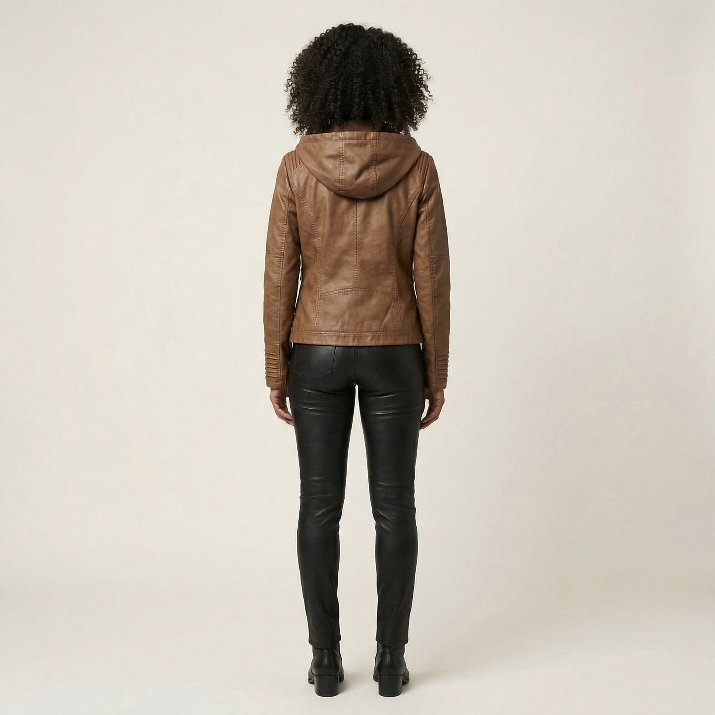 Women’s Biker Jacket – Hooded Design, Zip Front, Multi-Pocket Style