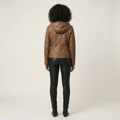 Women’s Biker Jacket – Hooded Design, Zip Front, Multi-Pocket Style