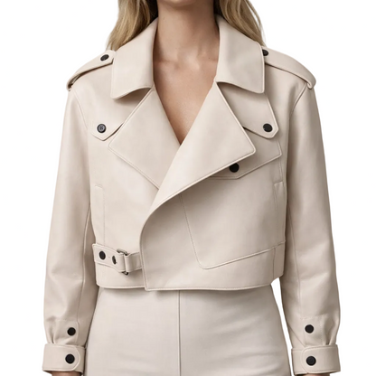 Women’s Cropped Biker Jacket with Belted Waist
