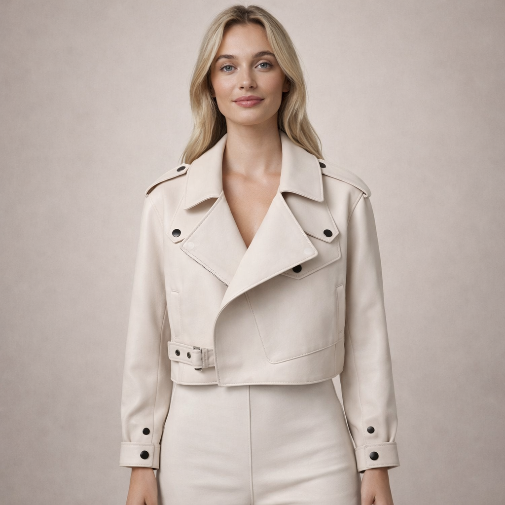 Women’s Cropped Biker Jacket with Belted Waist