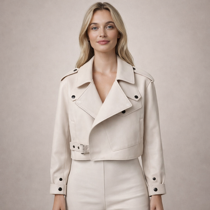 Women’s Cropped Biker Jacket with Belted Waist