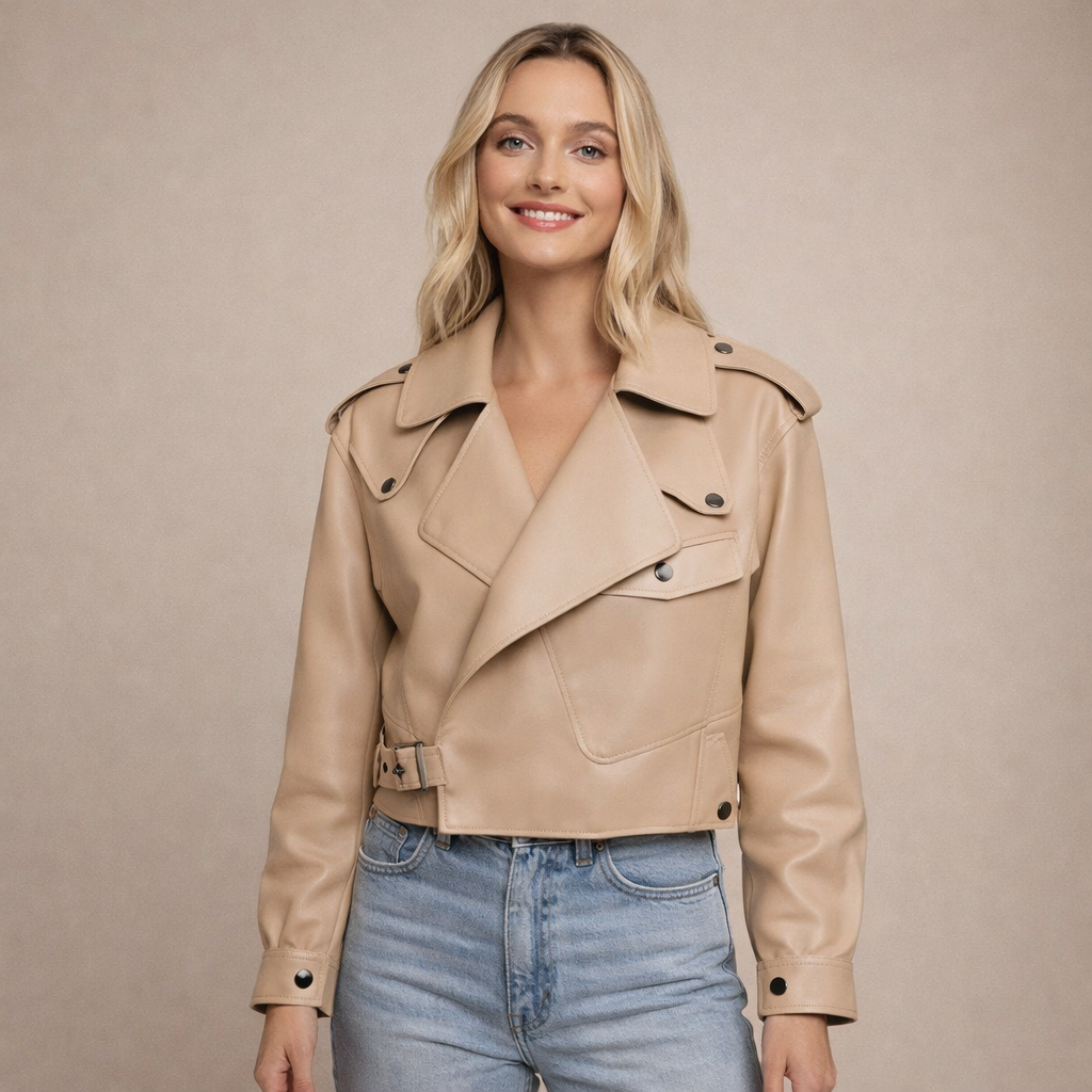 Women’s Cropped Biker Jacket with Belted Waist