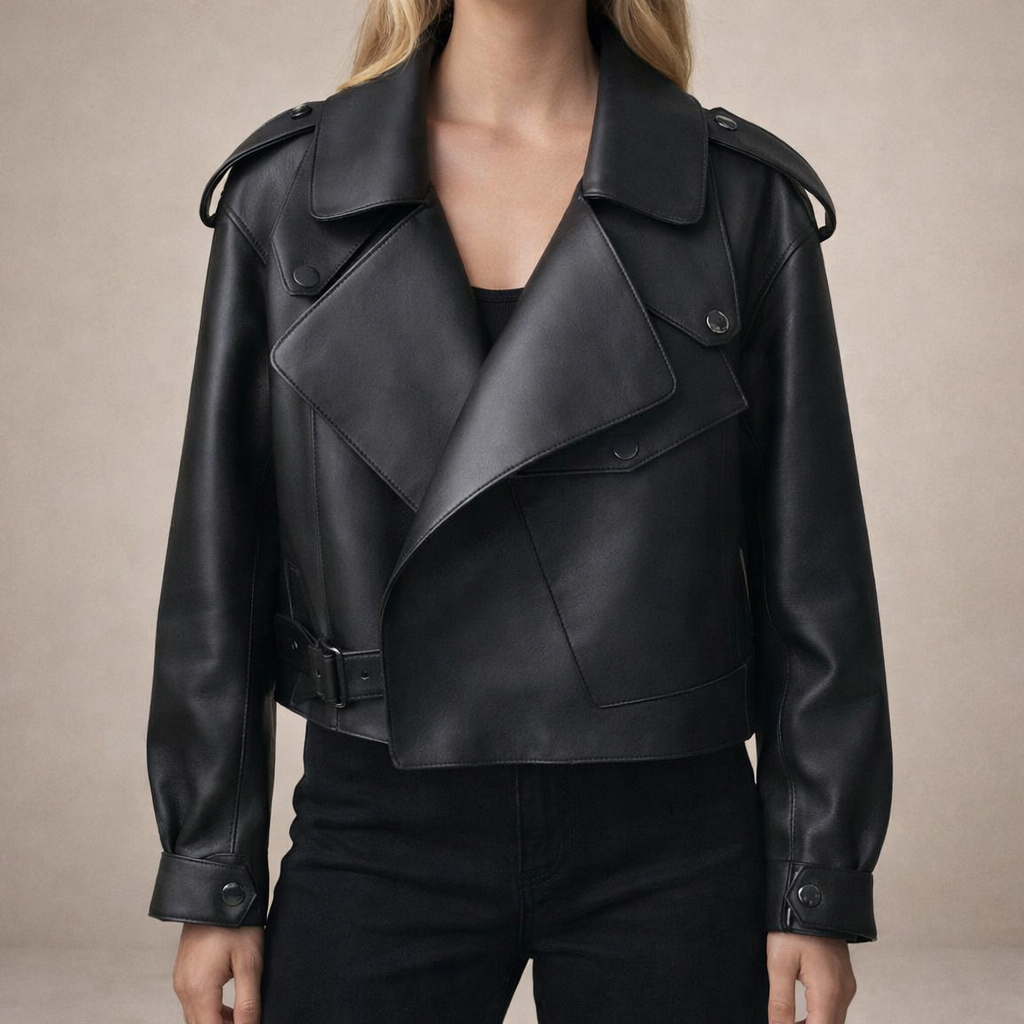 Women’s Cropped Biker Jacket with Belted Waist
