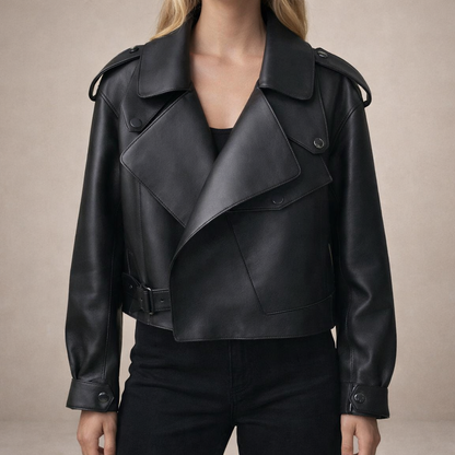 Women’s Cropped Biker Jacket with Belted Waist