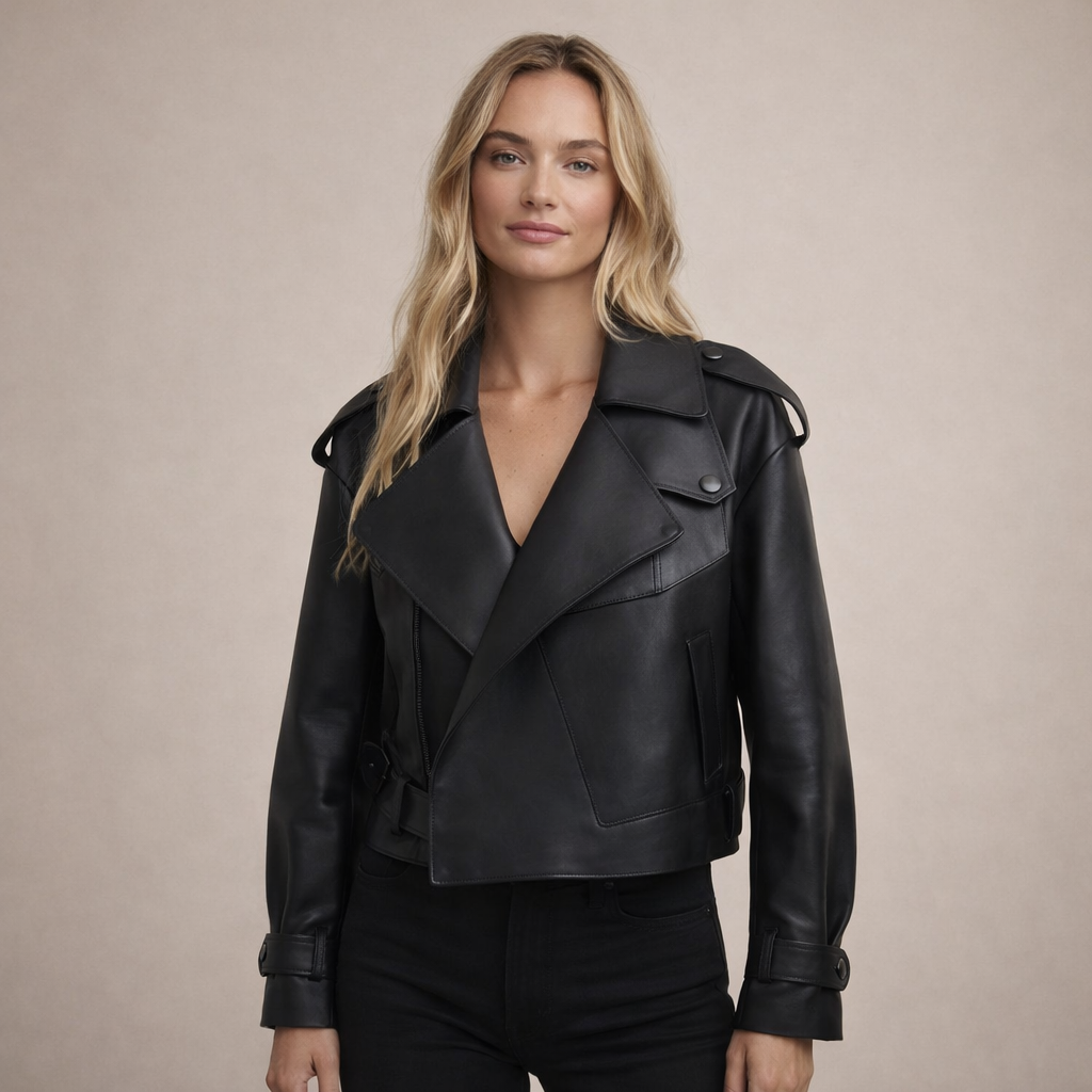 Women’s Cropped Biker Jacket with Belted Waist