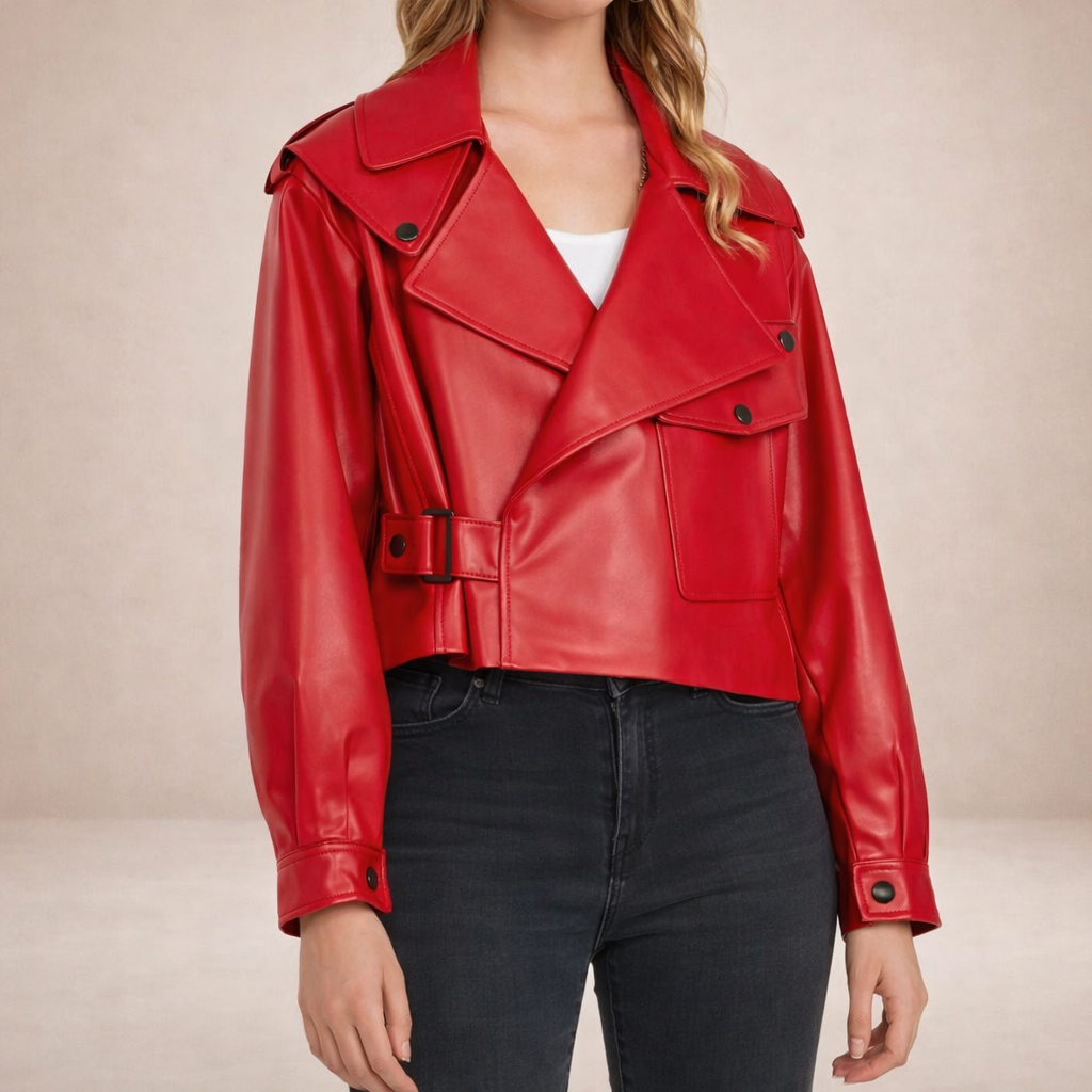 Women’s Cropped Biker Jacket with Belted Waist