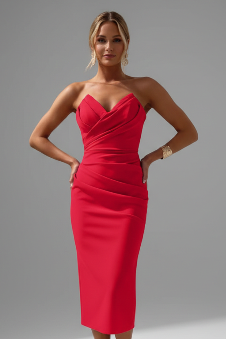 Women's Strapless Ruched Skirt Midi Dress
