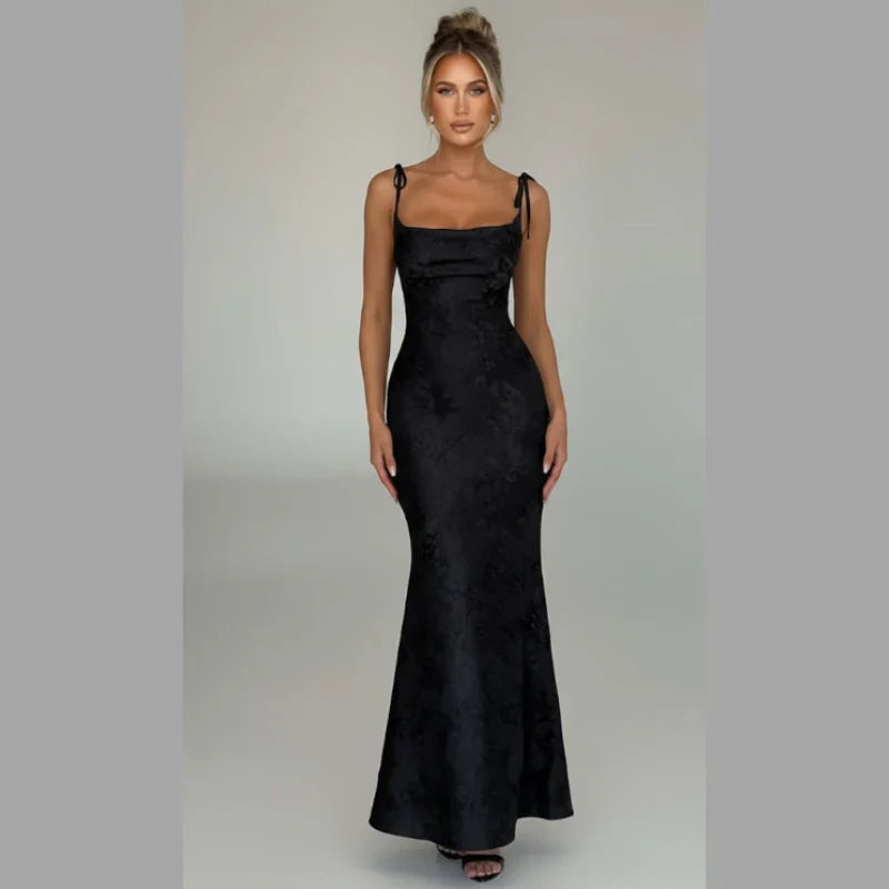 Women’s Graceful Draped Maxi Dress – Sleek Evening Look with Tie Detail