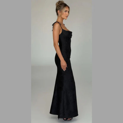 Women’s Graceful Draped Maxi Dress – Sleek Evening Look with Tie Detail
