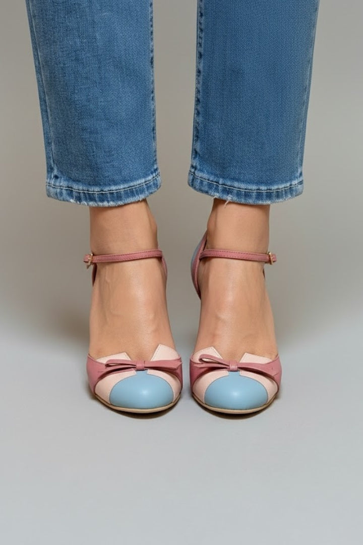 Women's Heels with Ankle Strap and Pointed Toe in Pink and Blue - View 3.0 | Roselva