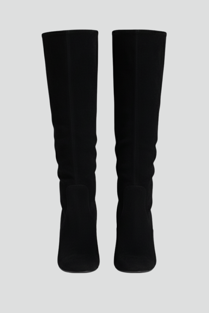 Women's Knee-High Boots with Pointed Toes and Block Heels in Black suede | Roselva