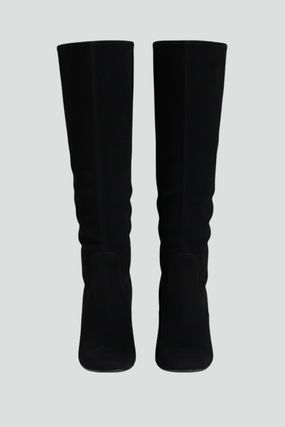 Women's Knee-High Boots with Pointed Toes and Block Heels in Black suede | Roselva