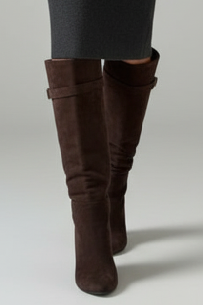 Women's Knee-High Boots with Pointed Toes and Block Heels in Black suede - View 5.0 | Roselva
