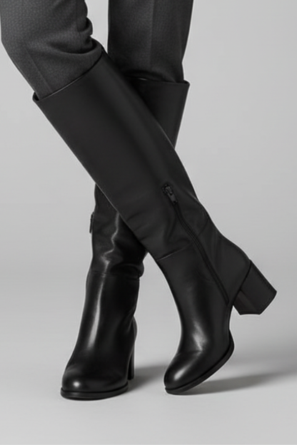 Women's Knee-High Boots with Pointed Toes and Block Heels in Black suede - View 6.0 | Roselva