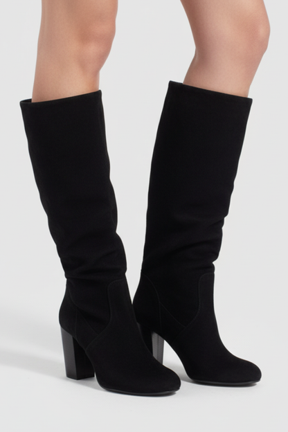 Women's Knee-High Boots with Pointed Toes and Block Heels in Black suede - View 2.0 | Roselva